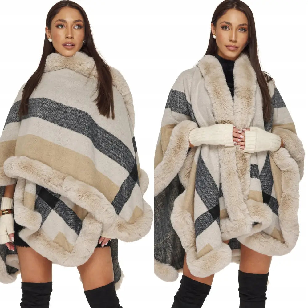 Strikket Poncho med Fuskepels - Beige v