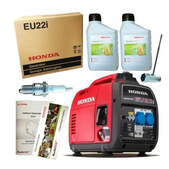 Strømaggregat Honda EU22i fra siden med tilbehør, inkludert oljeflasker, tennplugg, verktøy og original emballasje.