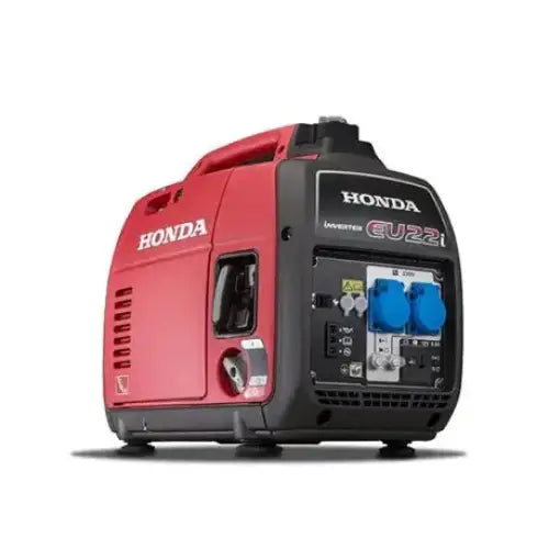 Strømaggregat Honda EU22i, skråvisning med synlige blå strømuttak, kontrollpanel og solid bærehåndtak.