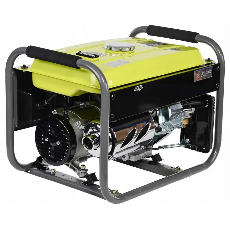 Strømaggregat med gul topp og grå ramme, skrått sett med synlige metallkomponenter og skumgummi på håndtakene.