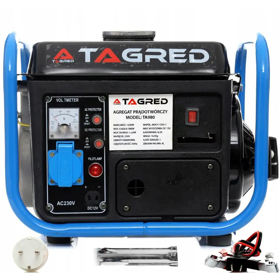 Strømaggregat med sort og blå ramme, frontvisning med kontakter, voltmeter og tilbehør plassert foran.