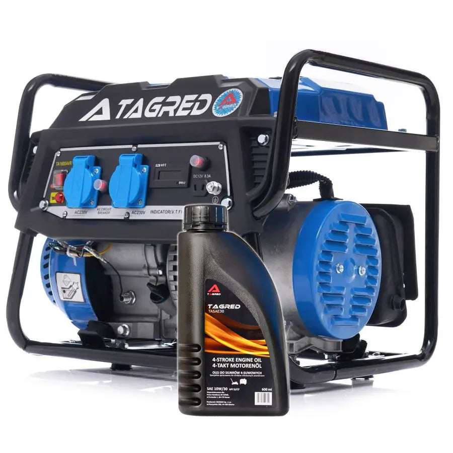 Strømaggregat Tagred 1600W, sidevisning med synlig kontrollpanel og stikkontakter, sort oljeflaske foran.