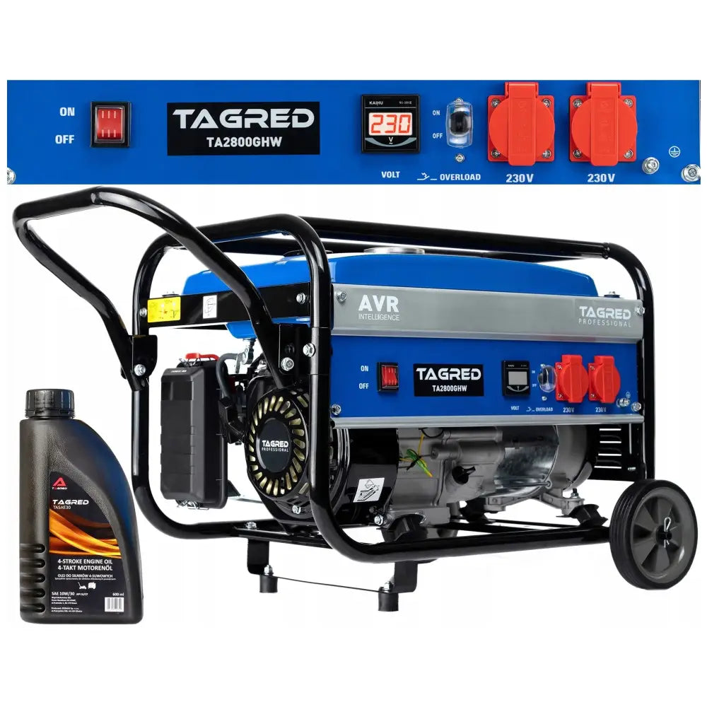 Strømaggregat Tagred 2800W AVR, blått og sort med hjul, kontrollpanel og motorolje synlig ved siden av.
