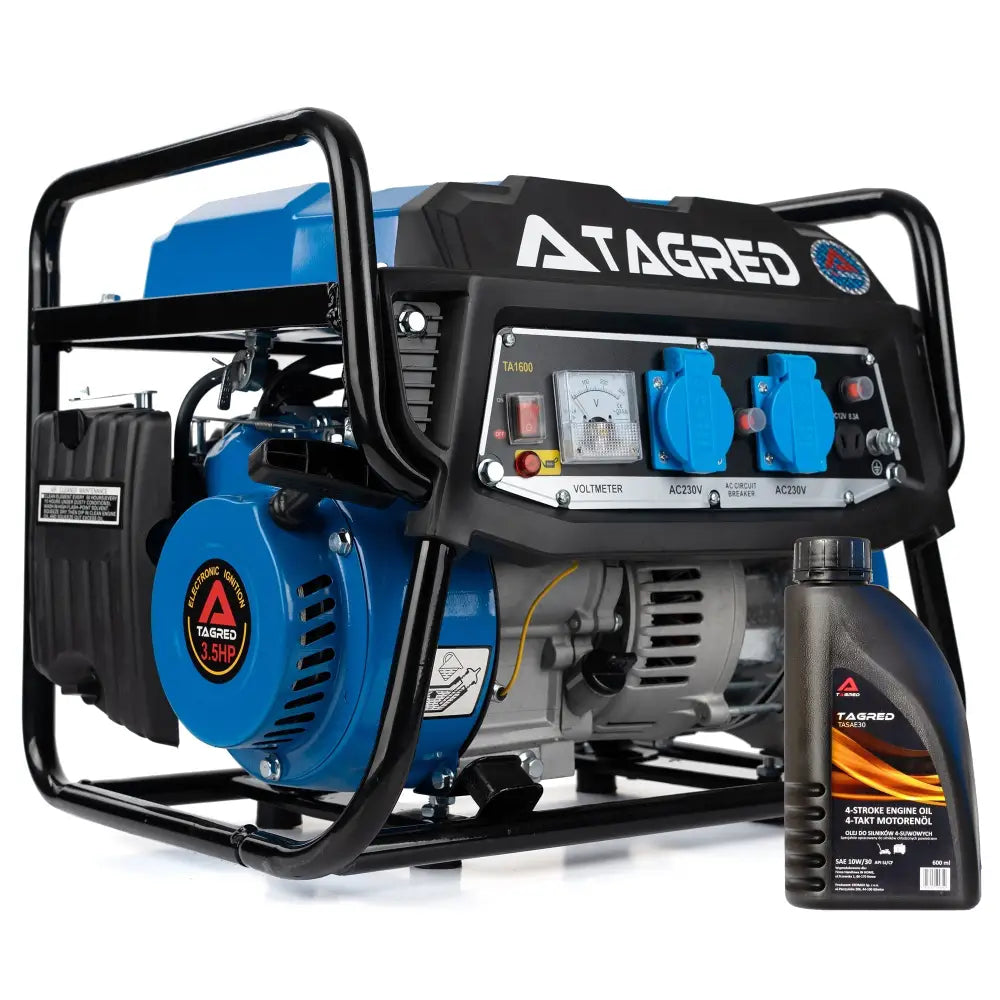 Strømaggregat med blå og svarte detaljer, to blå stikkontakter og voltmeter, olje inkludert foran.