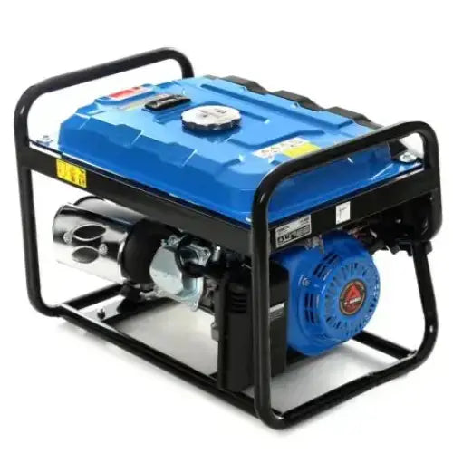 Strømaggregat Tagred AVR 3500W, skrå sidevisning med blå ramme og synlige tekniske motordetaljer.