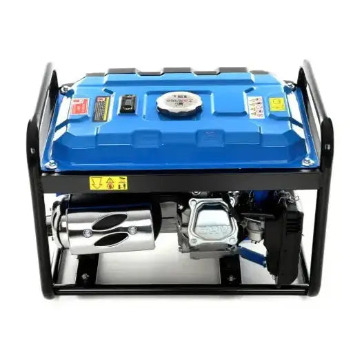 Strømaggregat Tagred AVR 3500W, oversiktsbilde som fremhever blå ramme, varselmerking og sølv motor.