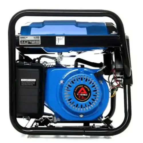 Strømaggregat med sort ramme og blå motorhus, frontvisning som fremhever ledninger og ventilasjonshull.