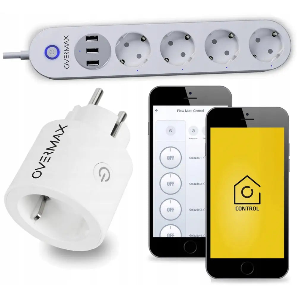 Strømliste med USB og WiFi-støpsel, fire uttak, tre USB-porter og appstyring vist på to smarttelefoner.