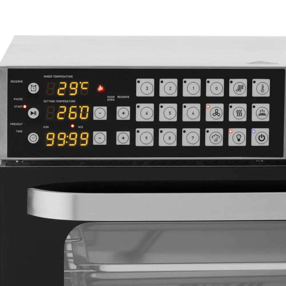 Digitalt kontrollpanel for konveksjonsovn, viser LED-display, funksjonsknapper og temperaturinnstillinger.