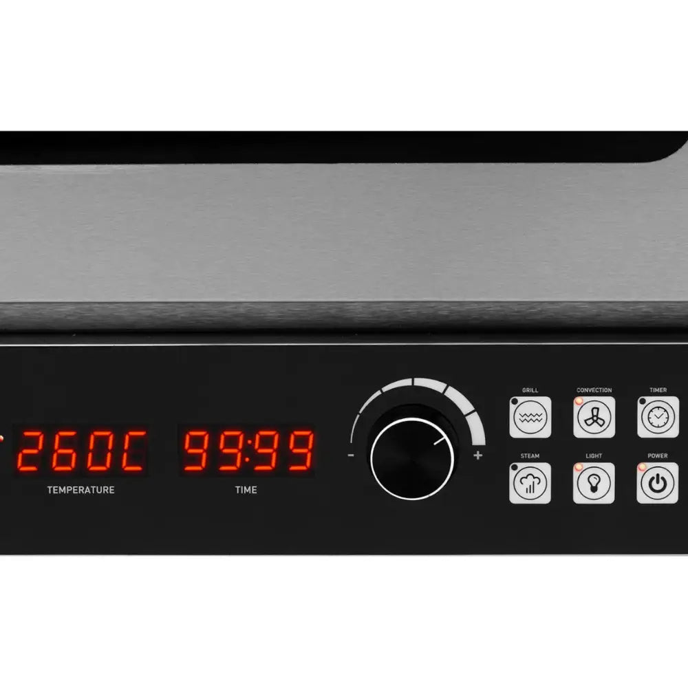 Konveksjonsovn digitalt panel med rød LED-skjerm, dreieknapp og knapper for grill, damp og timer.