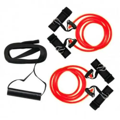 Styrketreningsgummi Edderkopp, to røde treningsstrikker med svarte håndtak og borrelåsfester, sett ovenfra.