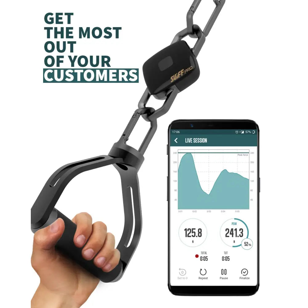 SUIFF PRO S2 uttrekkbart skuffesett, hånd grep om svart treningshåndtak med sensor og mobilapp vises.