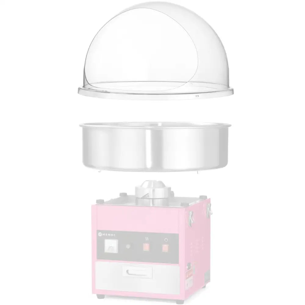 Gjennomsiktig lokk til sukkerspinn maskin, vises fra siden over metallskål i eksplodert oppstilling.