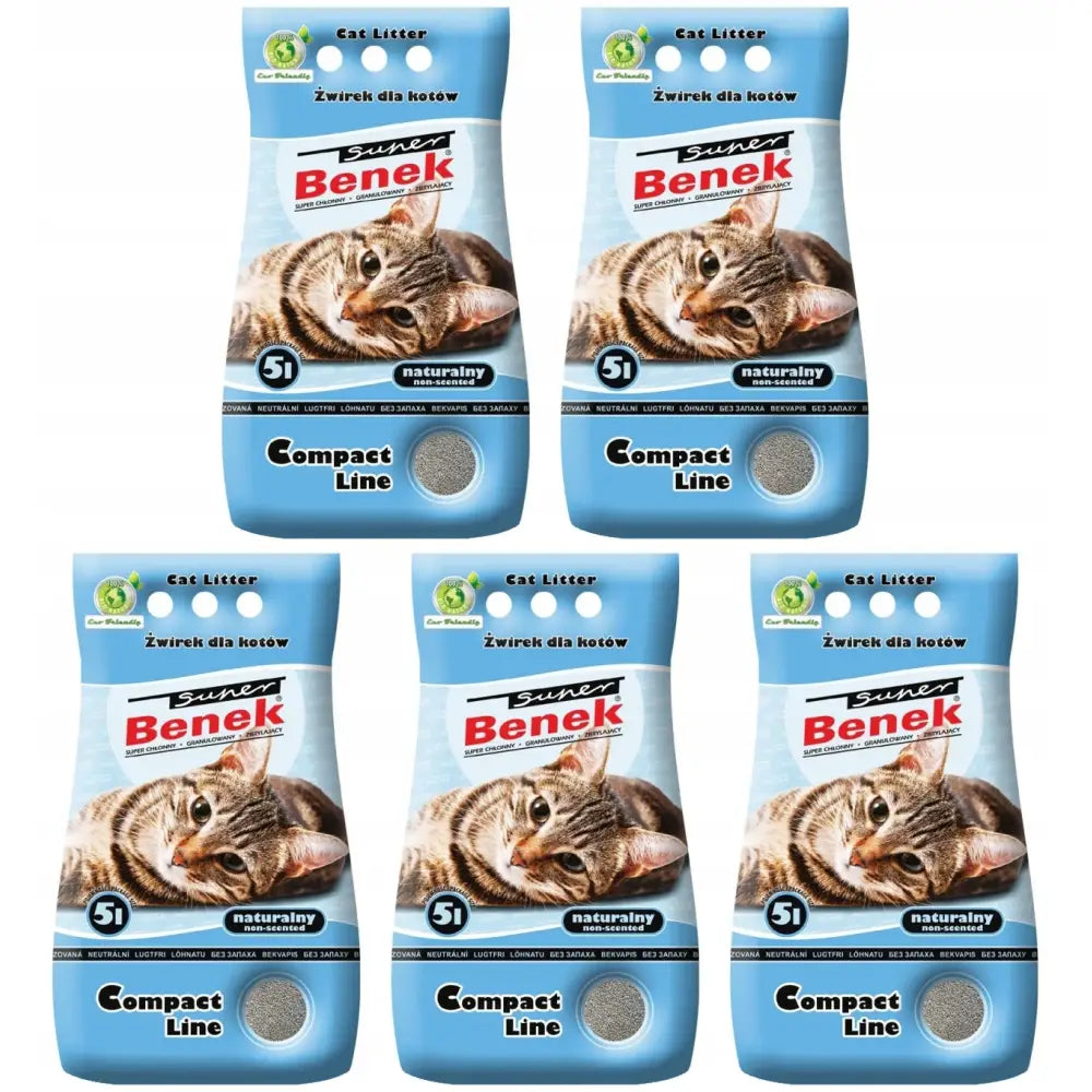 Super Benek Compact Line Bentonitt kattesand, fem poser à 5L med kattebilde og blå etikett, frontvisning mot hvit bakgrunn.