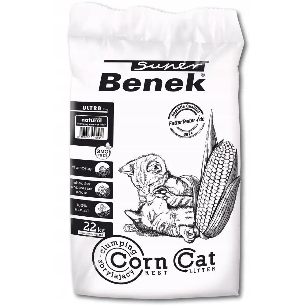 Super Benek Corn Cat Ultra Naturlig 35L 22Kg, hvit pose med katt og maiskolbe-illustrasjon samt produktinformasjon.