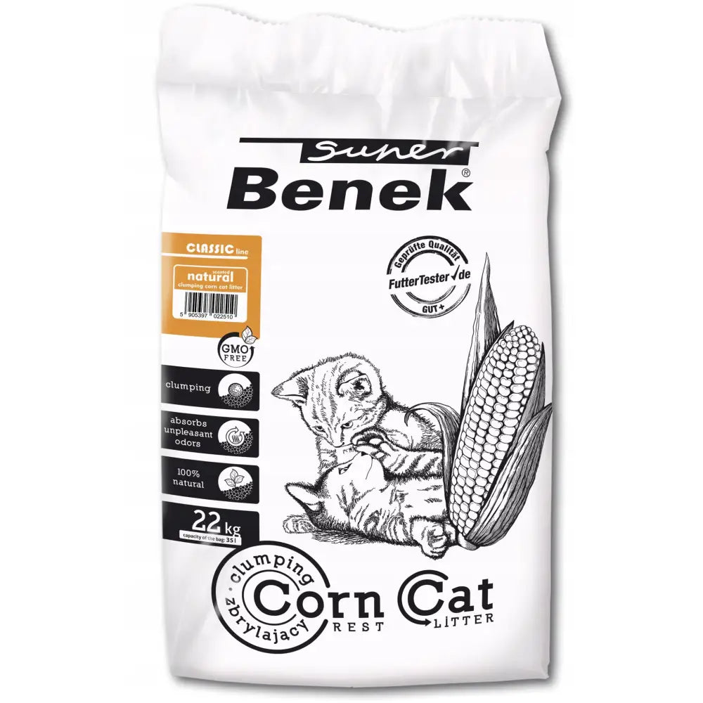 Super Benek Maiskatt Classic Naturlig 35L 22Kg, frontbilde av hvit pose med katt- og maisillustrasjon samt info om naturlige ingredienser.