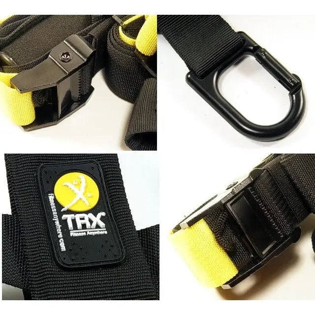 Suspensjonstrening PRO, nærbilder av spennelås, metallring og logo på svart og gult nylonbånd.