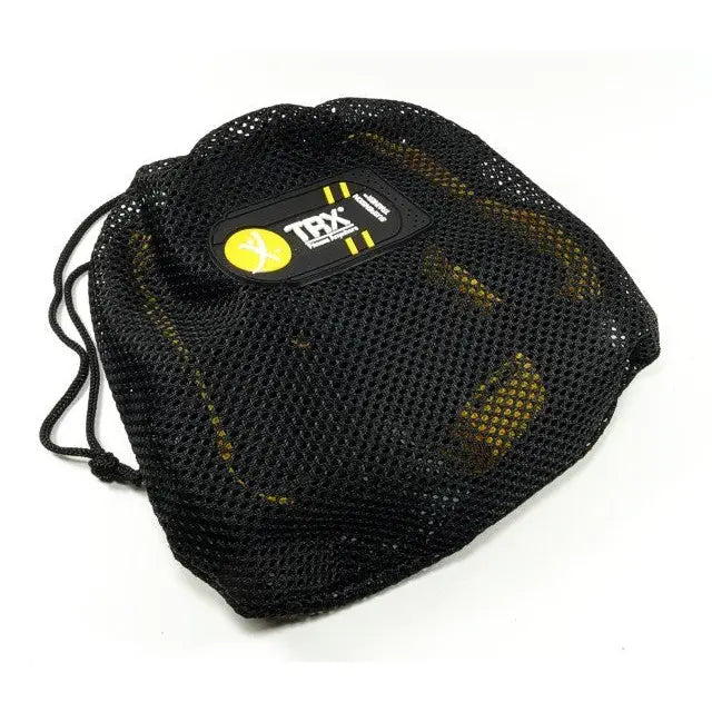 Suspensjonstrening PRO, svart nettingpose med snorlukking og synlig logoetikett i svart, gult og hvitt.