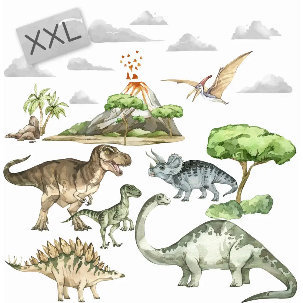 Svært store veggklistremerker med fargerike dinosaurer, trær og vulkan i akvarellstil mot hvit bakgrunn.