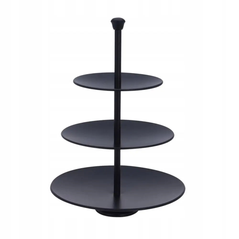 Svart etasjefat i metall med tre runde nivåer, sett forfra, stilrent og glatt med sentral stang.