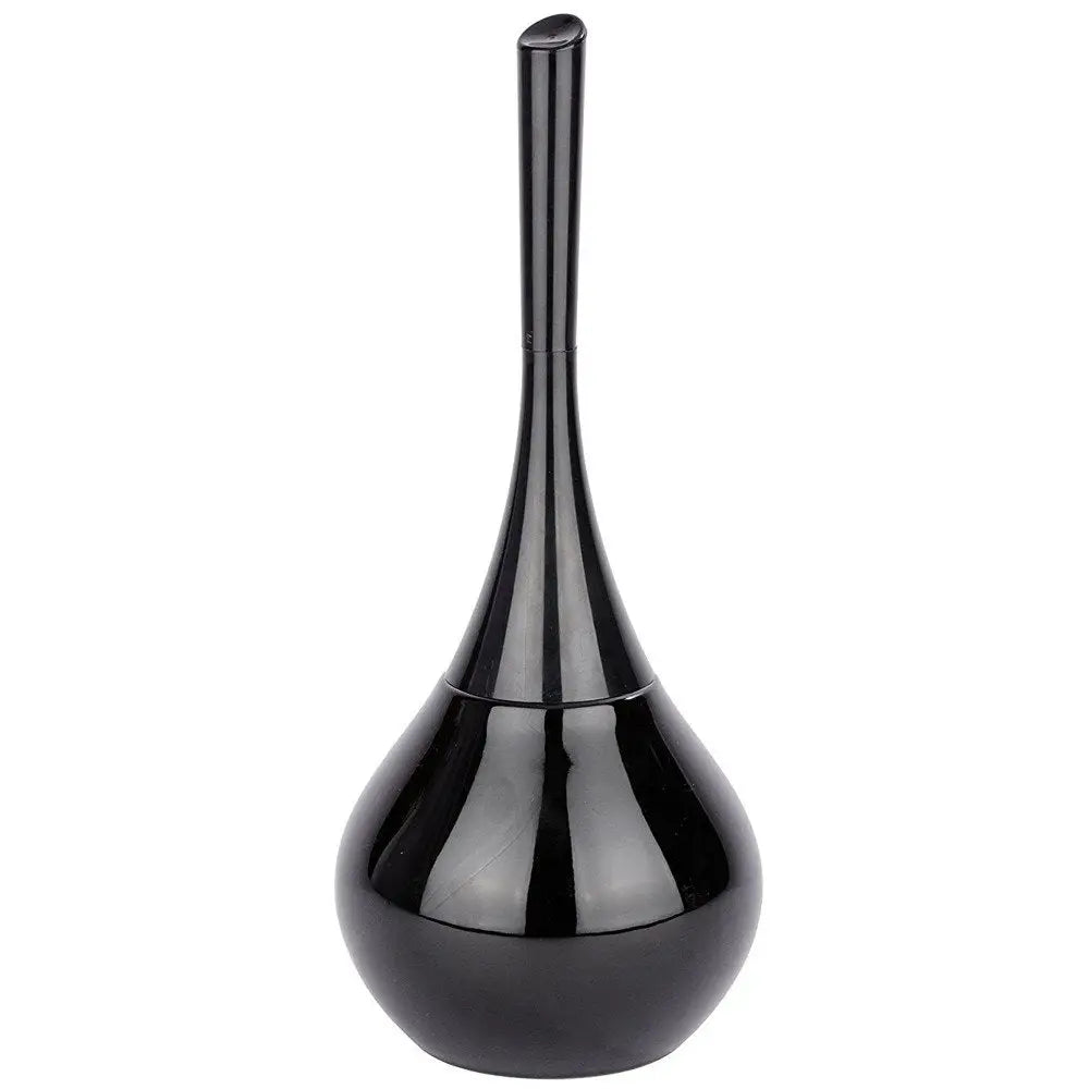 Svart keramisk toalettbørste Wenko, blank dråpeformet beholder med langt håndtak sett forfra.