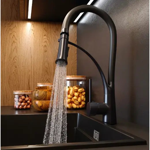 Svart Kjøkkenbatteri med Fleksibel Tut Nexo