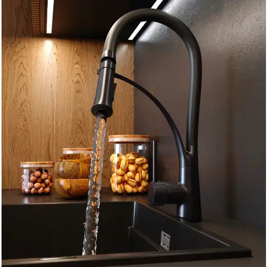 Svart Kjøkkenbatteri med Fleksibel Tut Nexo