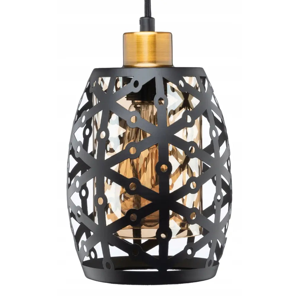 Svart metall Tiffany pendellampe med geometrisk mønster, gyllen glasskjerm og messingfarget topp, frontvisning.