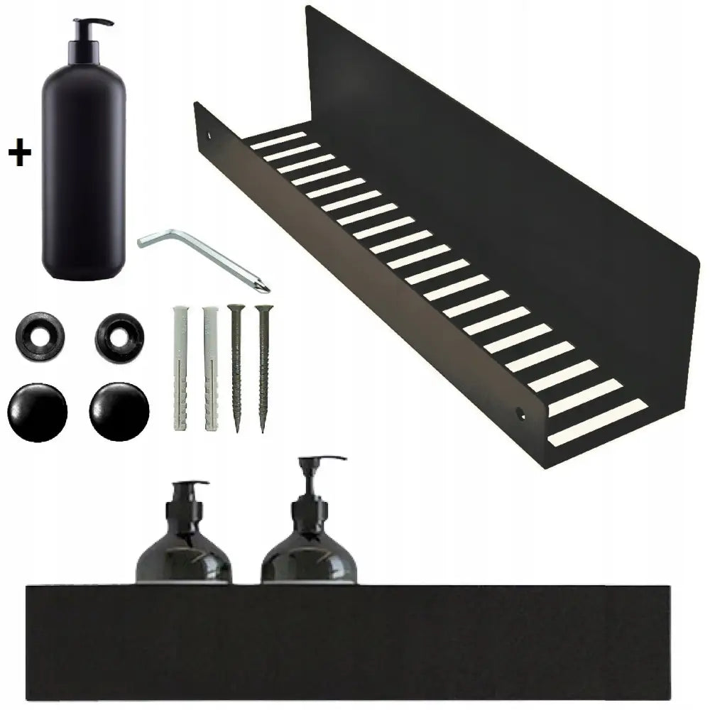 Svart metallhylle for dusj, sett skrått ovenfra med to såpedispensere, monteringsskruer og tilbehør.