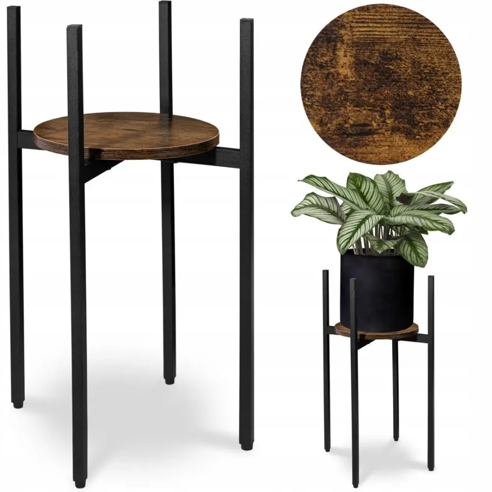 Svart metall plantestativ Torre Rustic 60 cm, rund mørk treplate og sorte ben, sett med plante i sort potte.