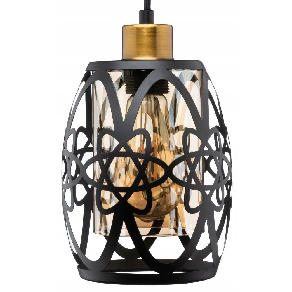 Svart metallisk Tiffanylampe pendel, frontvisning med grafisk mønster og gullfarget glassrør rundt lyspæren.