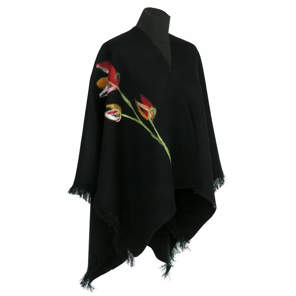 Svart Poncho med Fargerik Broderi One Size 42 til 48 50 52 til 56