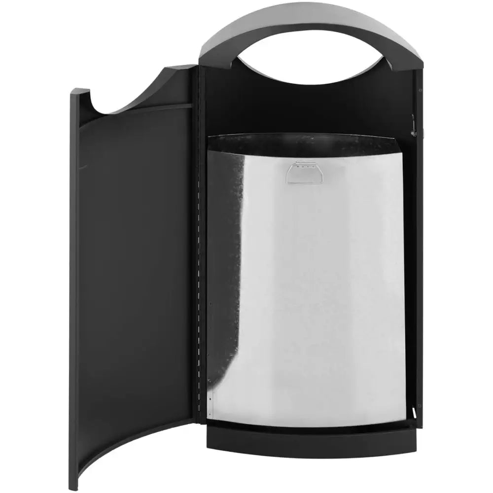 Svart stål utendørs avfallskurv 68L, frontvisning med åpen dør og synlig innvendig metallbøtte med håndtak.