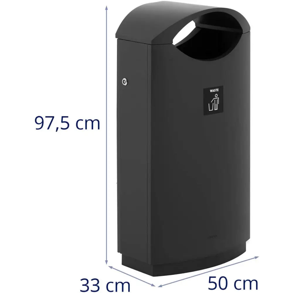Svart stål utendørs avfallskurv med lokk, sidevisning med synlig åpning, avfallssymbol og mål.