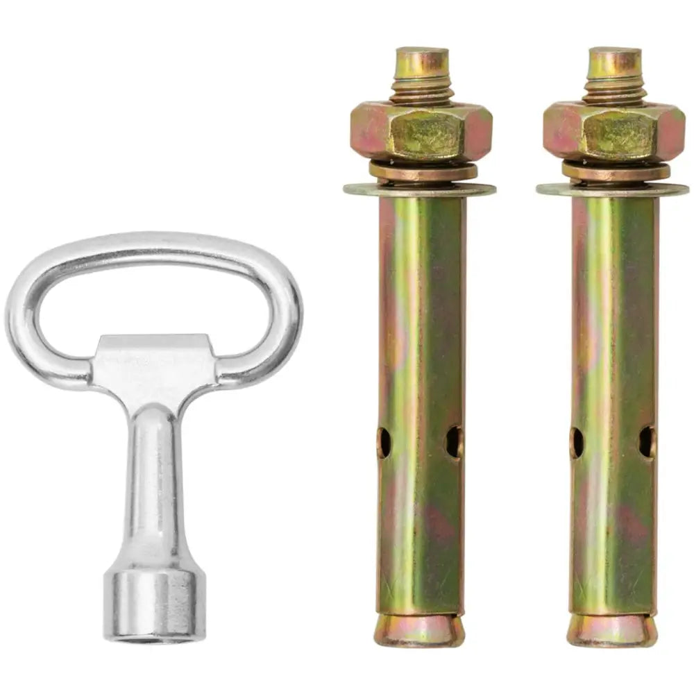 Metallbolter med mutter og skive i gullfarget stål samt sølvfarget firkanthåndtaknøkkel, frontvisning.