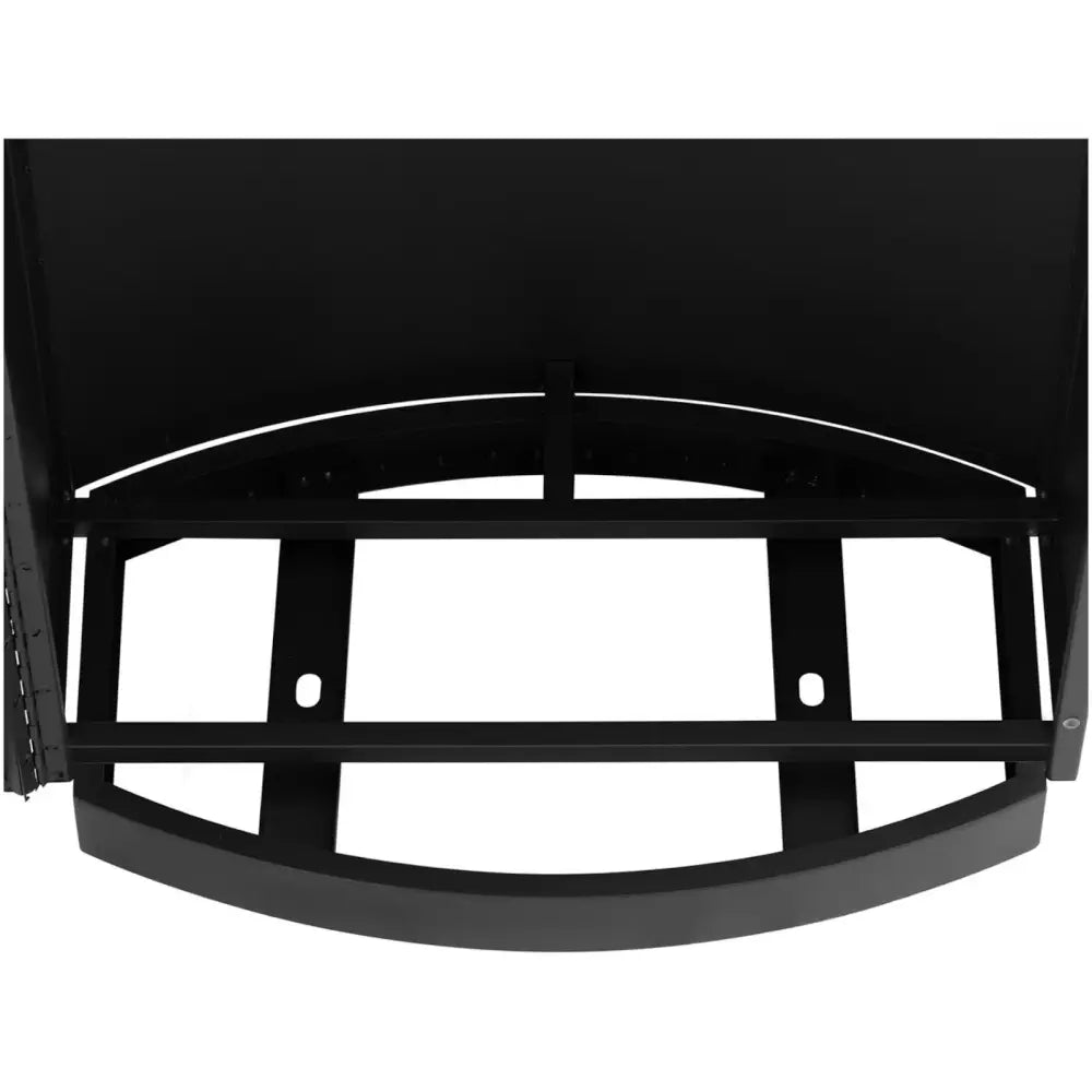 Svart stål utendørs avfallskurv, oversiktsbilde av buet ramme med åpne støttebjelker og monteringshull.