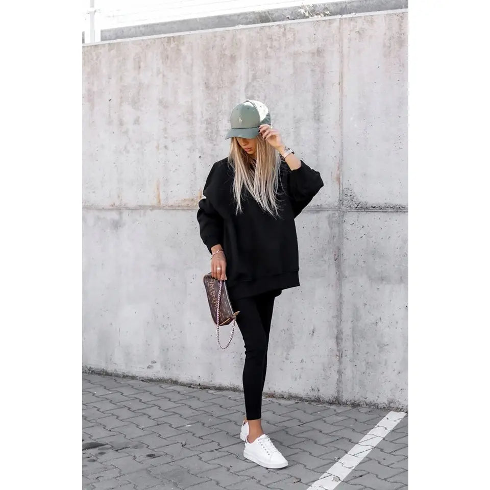 Svart Treningssett med Lang Hettegenser + Leggings