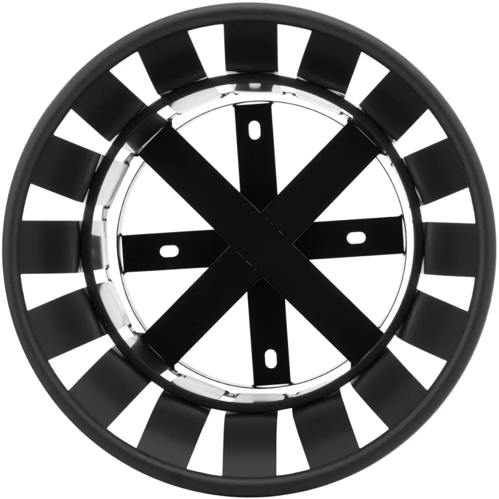 Svart utendørs rund jern søppelbøtte, toppvisning med kryssede bånd og kontrastfelt i sort og hvitt.