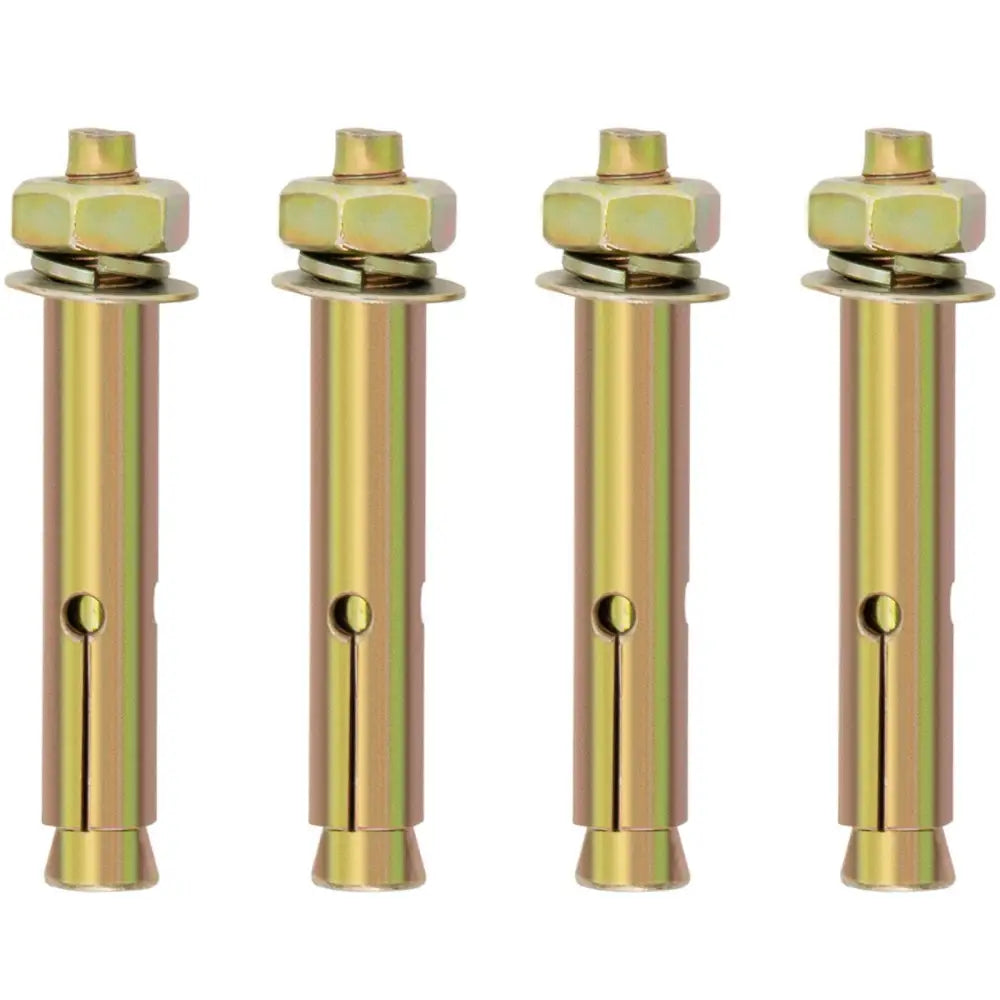 Fire ekspansjonsbolter i gullfarget metall med muttere og skiver, detaljert frontvisning mot hvit bakgrunn.