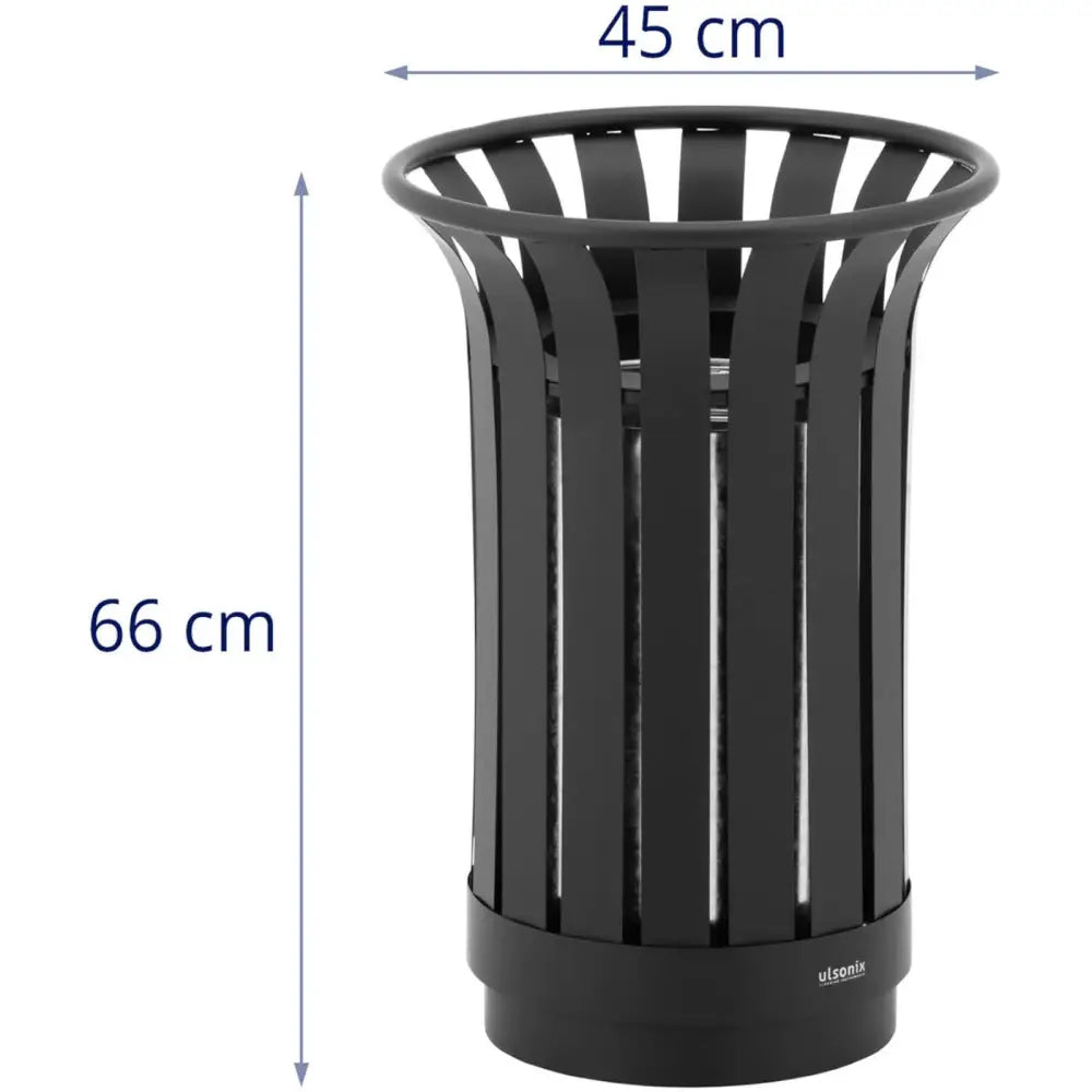 Svart utendørs rund jern søppelbøtte 23L, frontvisning med synlige mål og vertikale åpninger.