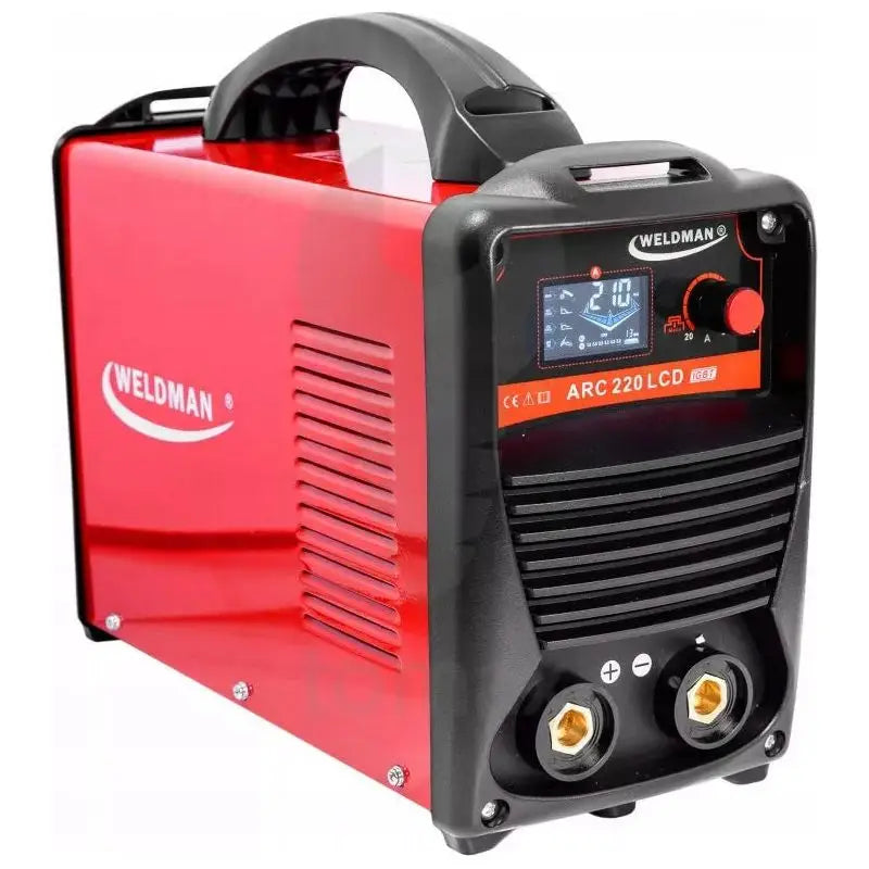 Sveiseapparat Arc 220 med LCD-display, skråvisning som fremhever håndtak, dreieknapp og robuste detaljer.