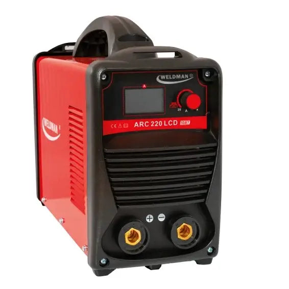 Sveiseapparat Arc 220, skrå forside med LCD-display, kontrollhjul, tilkoblingspunkter og bærehåndtak.