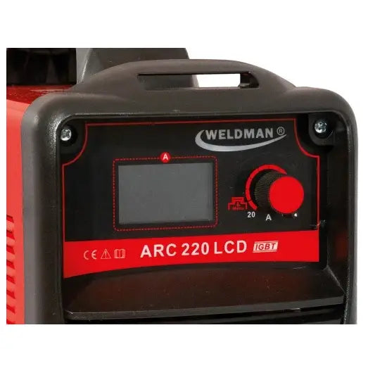 Sveiseapparat Arc 220 med LCD-display, frontvisning med rød justeringsknapp og bærehåndtak.
