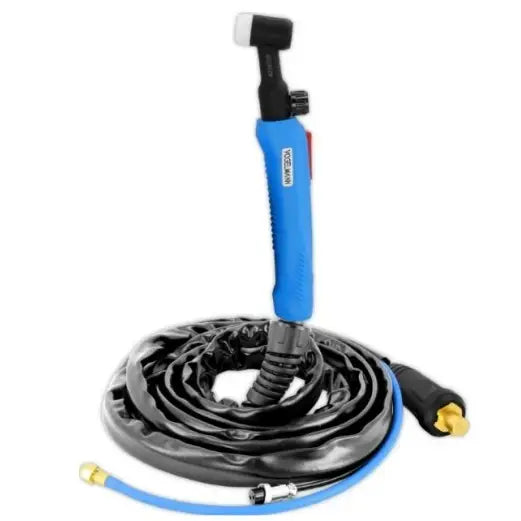 Sveiseapparat Arc 220 med LCD-display, blå og svart sveisebrenner med kveilet slange og ergonomisk håndtak.