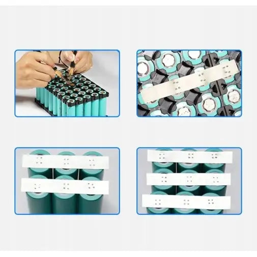 Sveiseapparat for hjemmebruk, illustrasjon av montering av koblingsskinner på grønne battericeller under lodding.