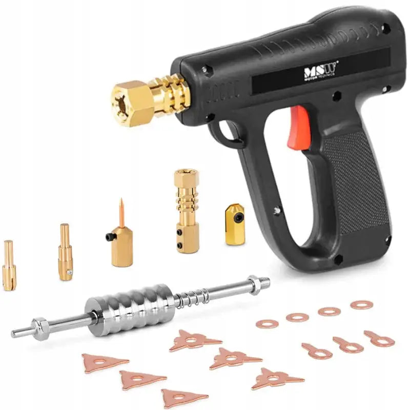 Sveiseapparat for punktsveising til biloppretting, sidevisning med rødt avtrekker og ulike metalltilbehør.