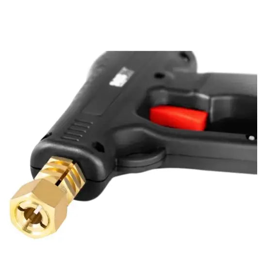 Sveiseapparat for punktsveising, nærbilde av sort pistol med messingkobling og rød utløserknapp på håndtaket.