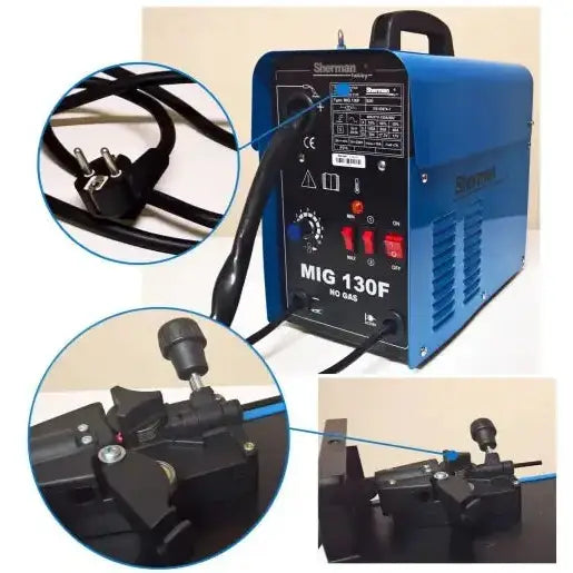 Sveiseapparat Mig Mag, skrå forsidevisning med fokus på strømkabel, plugg, reguleringsskrue og mateverk.