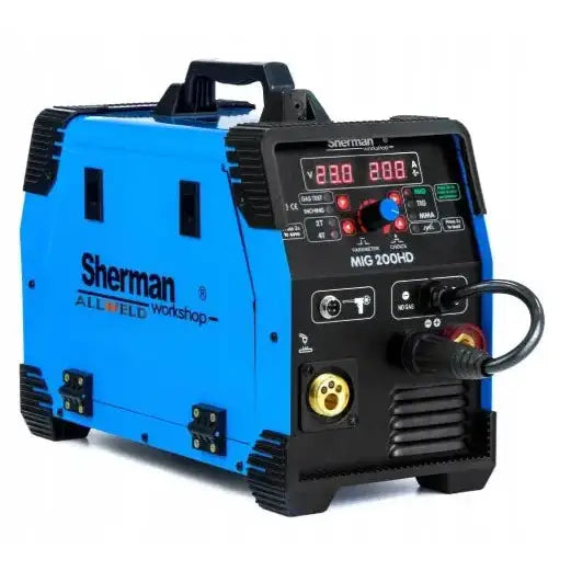 Sveiseapparat Mig Mag Mma Tig, skrå forside med digitalt display, kontrollpanel og bærehåndtak synlig.