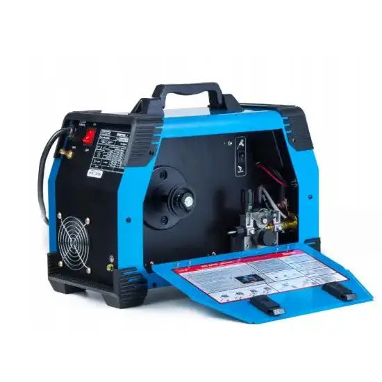 Sveiseapparat Mig Mag Mma Tig, sidevisning med åpen frontluke som viser innvendige komponenter og instruksjonsetikett.